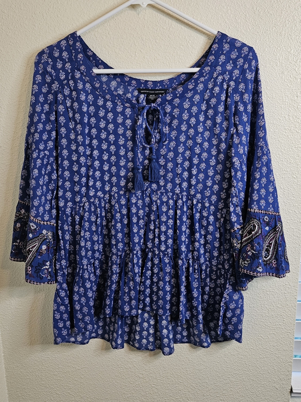 American Eagle Outfitters Royal Bohemian Blue Paisley Bell-Sleeve Tunic